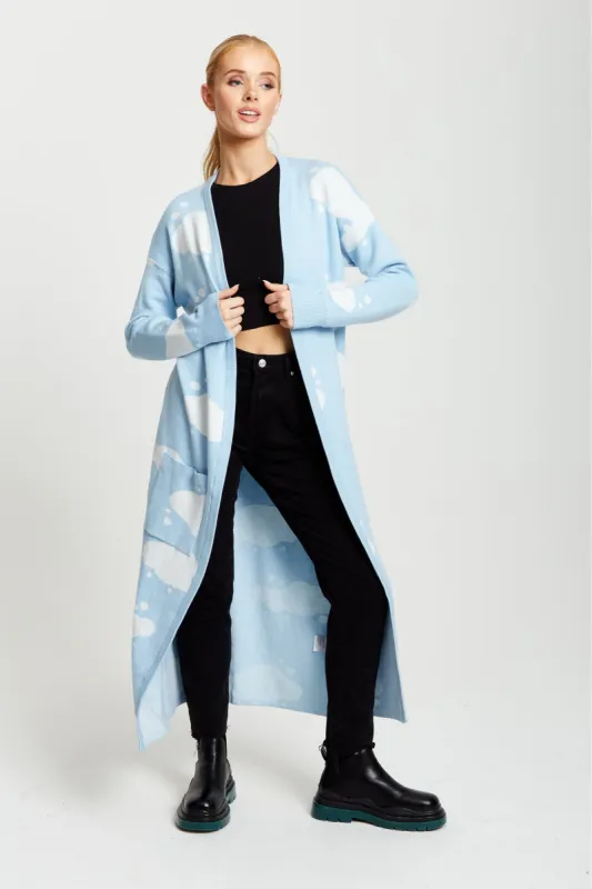 Cloud Pattern Longline Cardigan In Light Blue by Liquorish sold by Goddiva