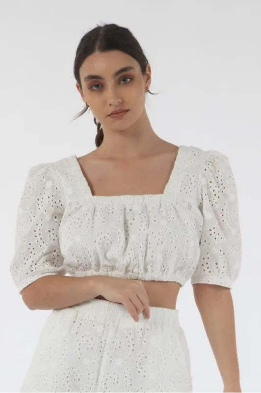 White Broderie Top With Lace Up Back by Double Second sold by Goddiva