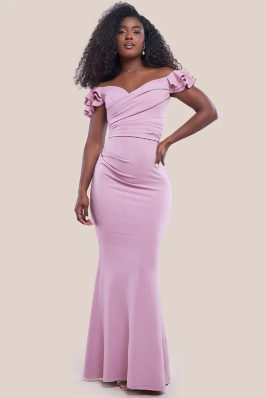 Frilled Off The Shoulder Scuba Maxi Dress - Rose Pink by Goddiva sold by Goddiva
