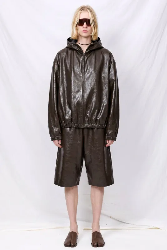 No.216 Dark Brown Leather Hooded Zipper Jacket made by Gabriela Coll Garments