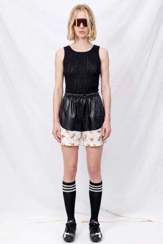 White Floral Jersey Pintuck Vegan Leather Shorts made by Assembly New York