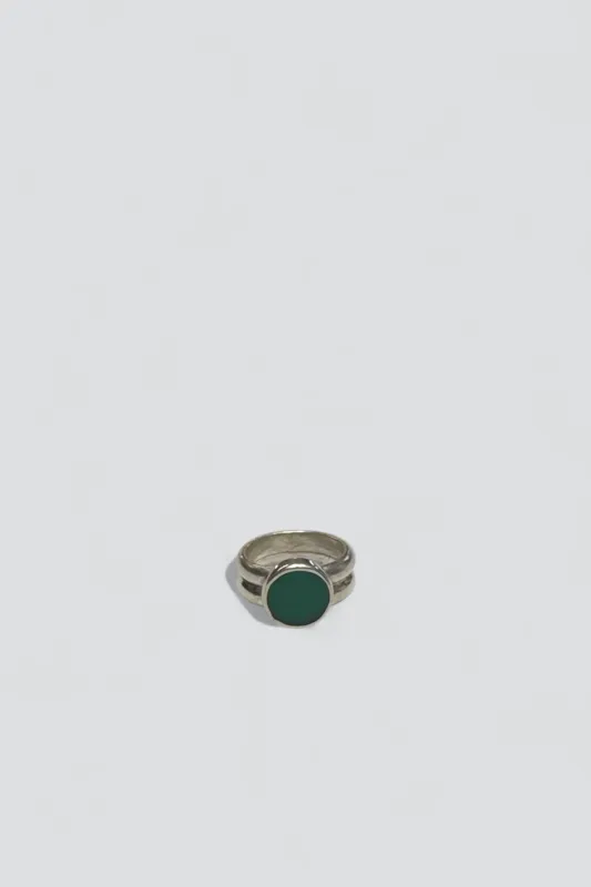 Sterling Silver Round Green Onyx Double Band Signet Ring made by Vintage
