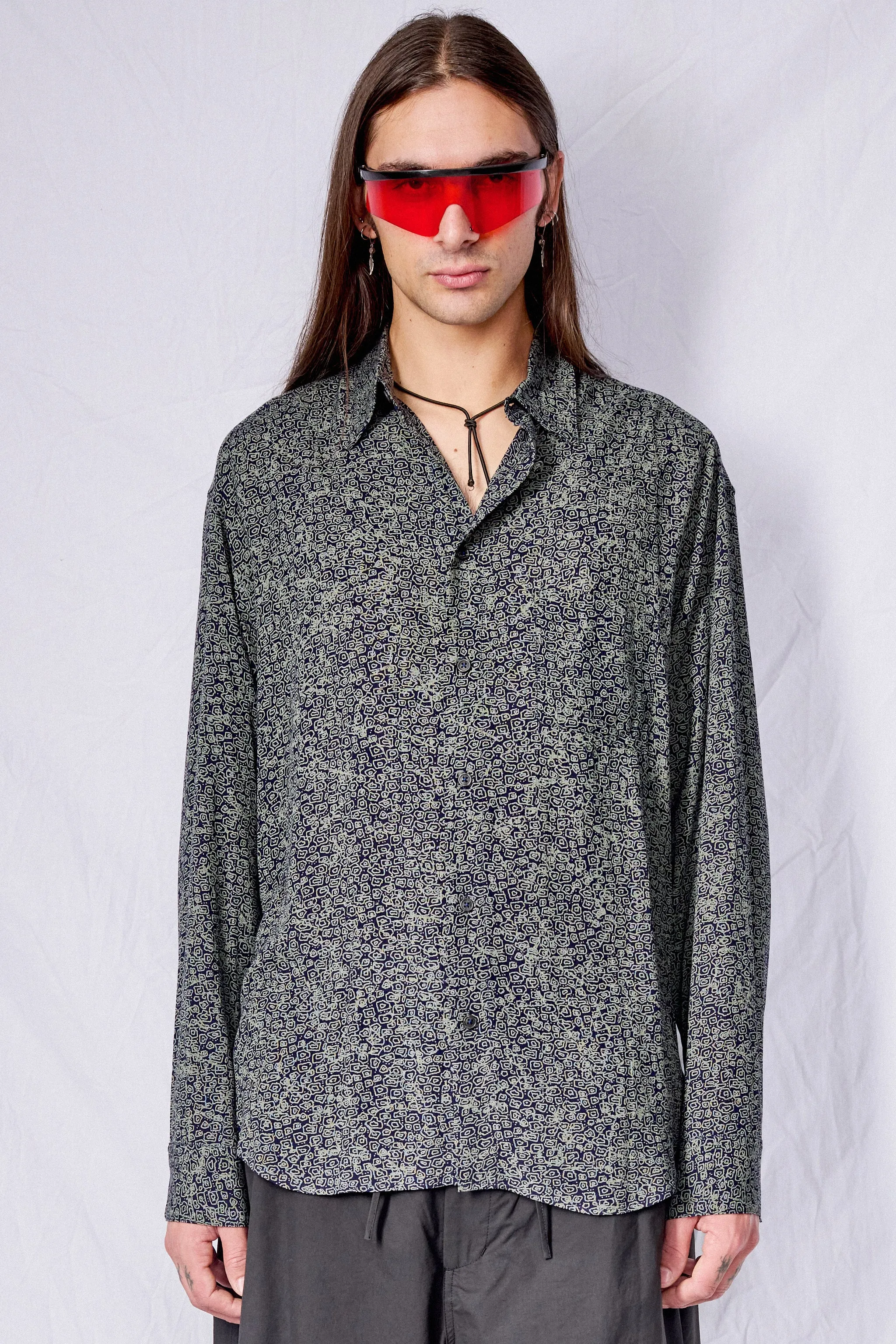 Dark Blue Print Tencel Dress Shirt sold by Assembly New York