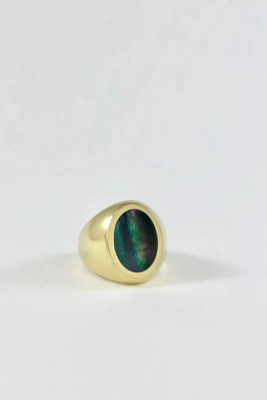 Brass Black Mother of Pearl Signet Ring - Oval made by Assembly New York