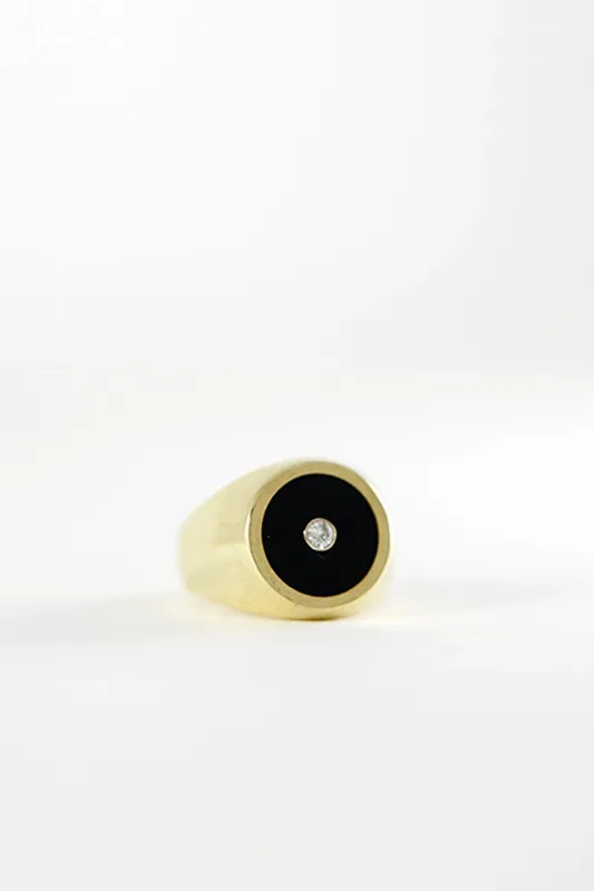 Brass Black Onyx with Diamond Signet Ring - Round made by Assembly New York