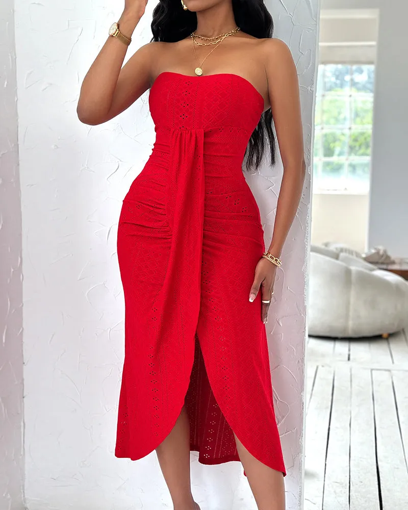 Sleeveless Ruched Cinched Waist Draped Bandeau Dress Eyelet Embroidery Slit Asymmetrical Hem Vacation Dress sold by ChicMe product image thumbnail 4