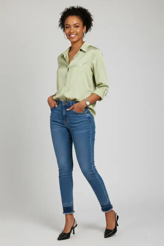 Lime Satin Shirt for Women – Long Sleeve Button-Up made by Rage