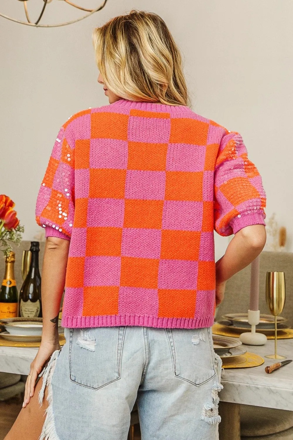BiBi Sequin Knit Sweater Bright Checkered Top Sparkling Half Sleeve Retro Glam Shirt sold by Lux on a Dime product image thumbnail 3