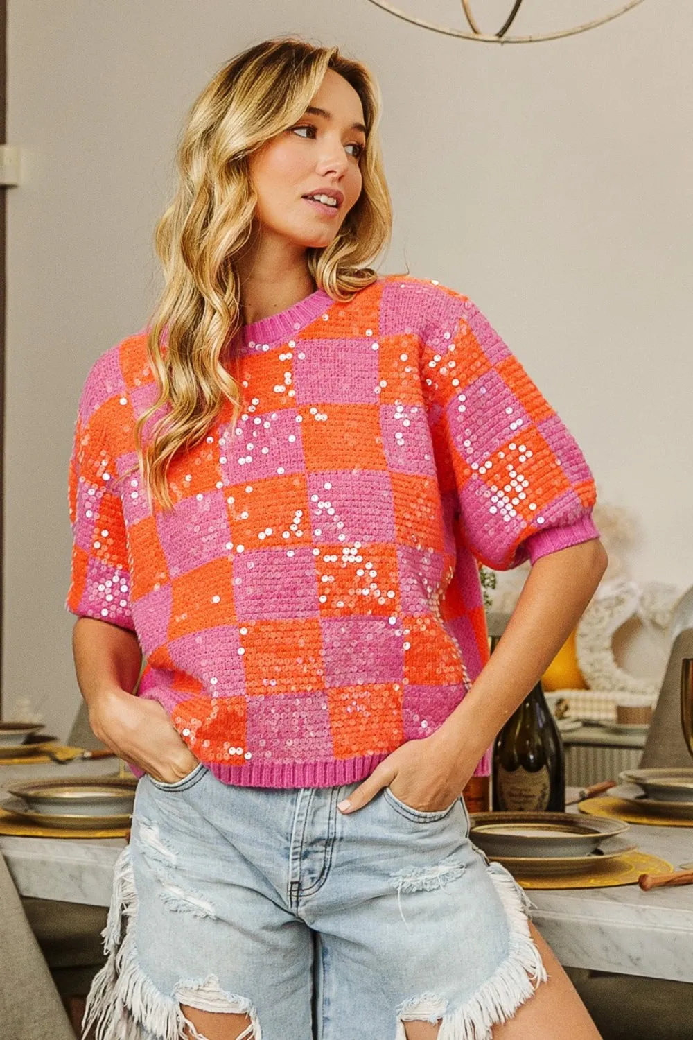 BiBi Sequin Knit Sweater Bright Checkered Top Sparkling Half Sleeve Retro Glam Shirt sold by Lux on a Dime product image thumbnail 5