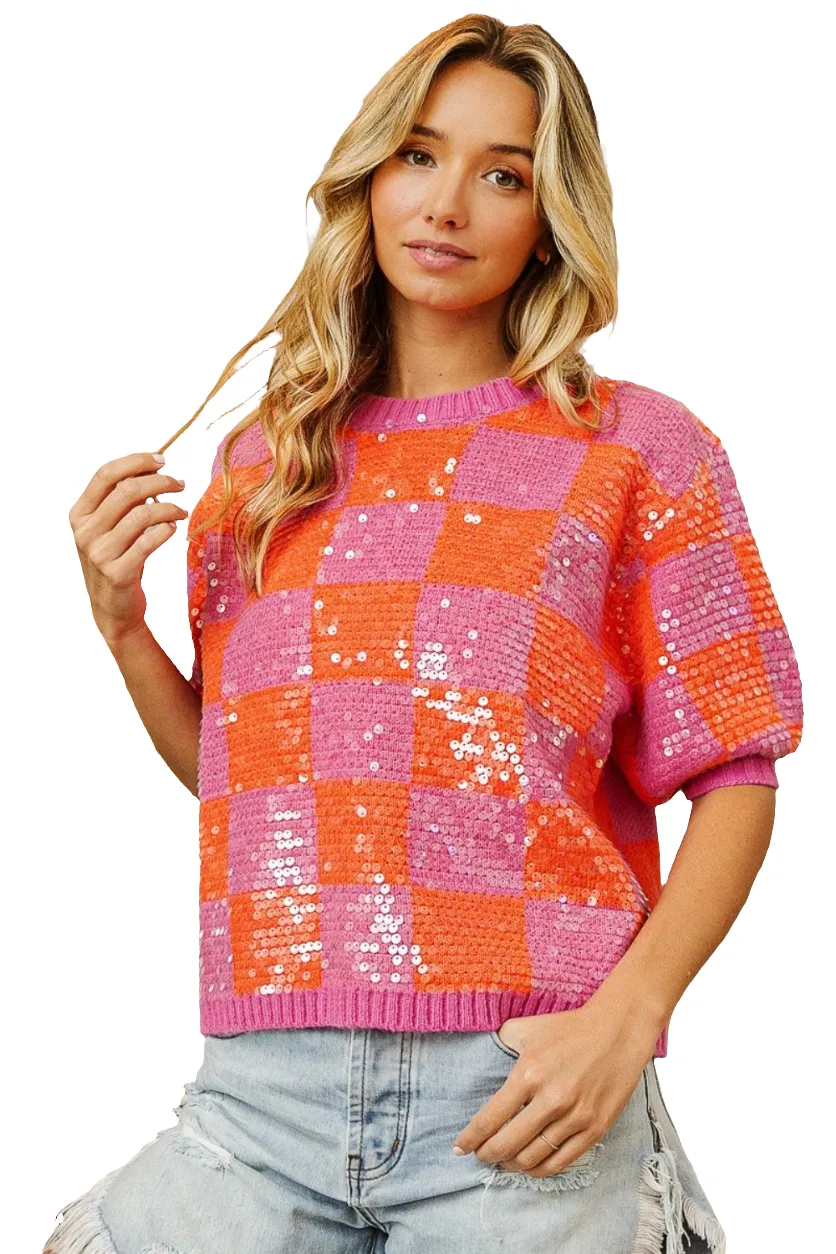 BiBi Sequin Knit Sweater Bright Checkered Top Sparkling Half Sleeve Retro Glam Shirt sold by Lux on a Dime product image thumbnail 2
