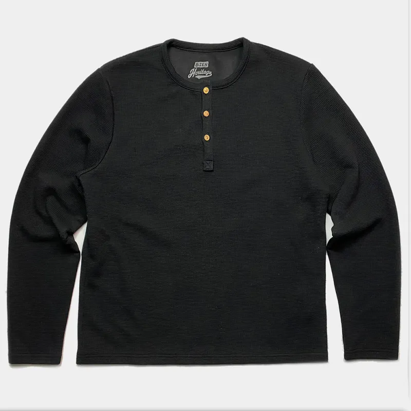 M.3084 MIZUIRO-WB REGULAR FIT LONG SLEEVE WAFFLE KNIT 3 BUTTON HENLEY-410GSM-E0 BLACK made by Bzen