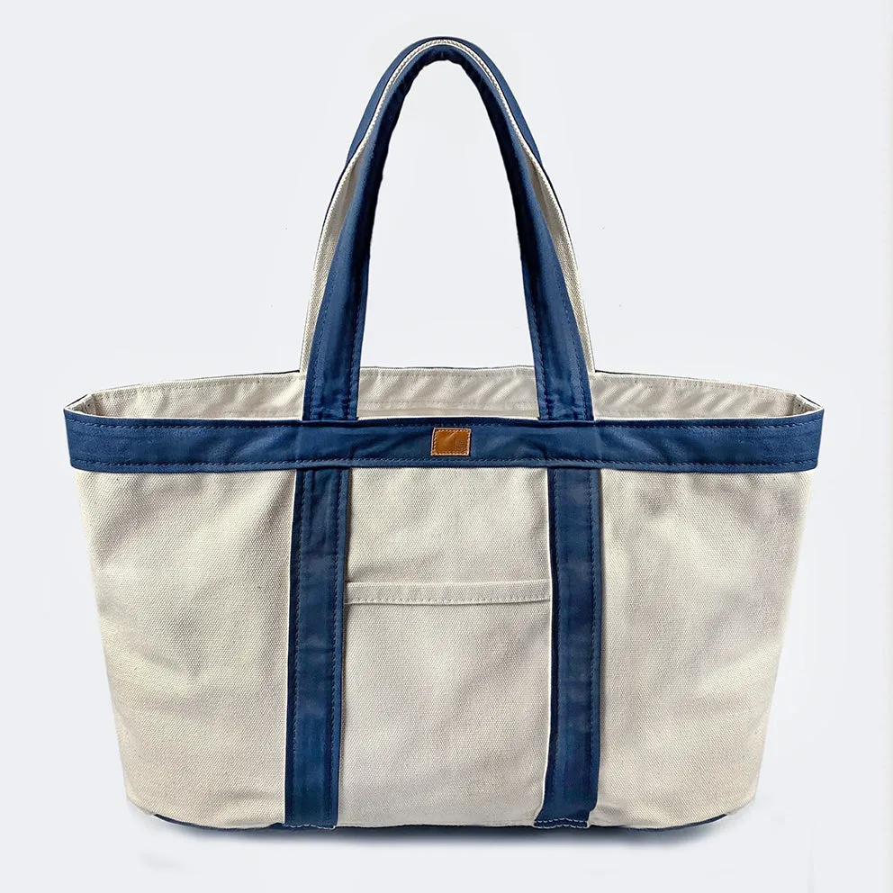 BZEN TOTE23-13P NATURAL CANVAS BODY WITH NAVY TRIM 23"W x 13"H OPEN TOP TOTE BAG WITH FRONT POCKET-22OZ-NAVY sold by Bzen