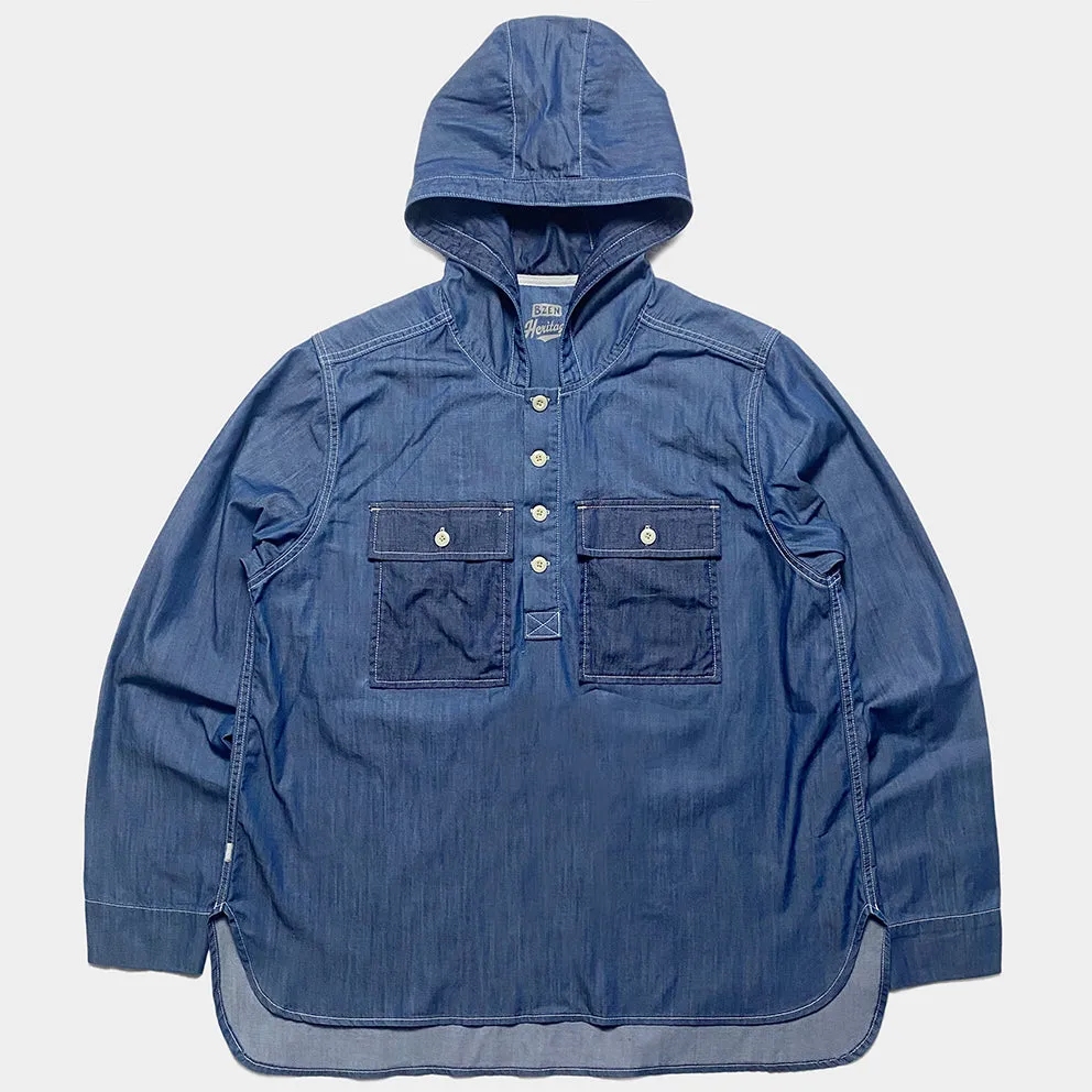 BZEN M.3016 AO2-2P REGULAR FIT 4 BUTTON SMOCK HOODIE COTTON TENCEL WITH 2 FLAP POCKET SHIRT-6OZ-E0 INDIGO sold by Bzen