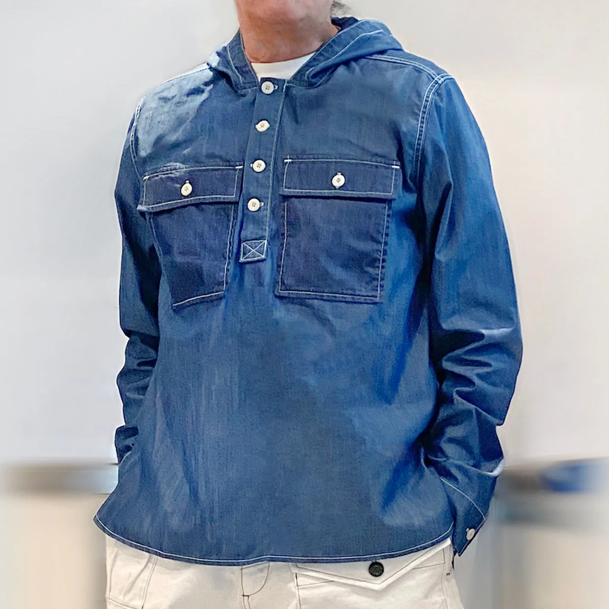 BZEN M.3016 AO2-2P REGULAR FIT 4 BUTTON SMOCK HOODIE COTTON TENCEL WITH 2 FLAP POCKET SHIRT-6OZ-E0 INDIGO sold by Bzen product image thumbnail 2