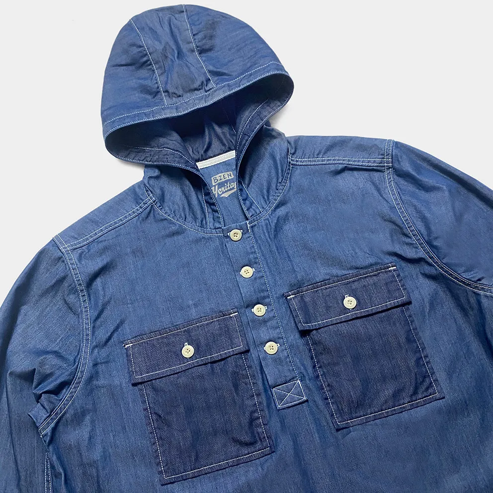 BZEN M.3016 AO2-2P REGULAR FIT 4 BUTTON SMOCK HOODIE COTTON TENCEL WITH 2 FLAP POCKET SHIRT-6OZ-E0 INDIGO sold by Bzen product image thumbnail 5