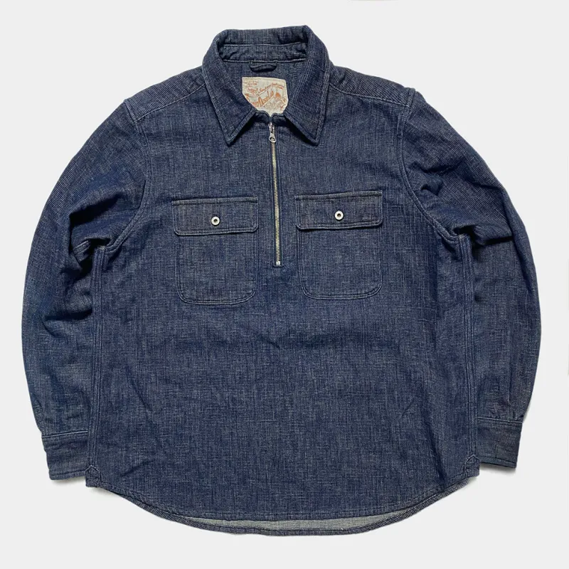 DDL 329 HUNTER-I REGULAR FIT 2 POCKET 1/2 ZIPPER FRONT INDIGO DOBBY WEAVE DENIM SHIRT-10.5OZ-E0 INDIGO sold by Bzen