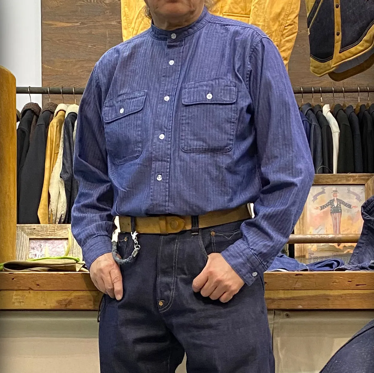 BZEN M.3340 WYATT-HBT RELAX FIT MANDARIN COLLAR DENIM SHIRT-6.5OZ-E0 INDIGO sold by Bzen product image thumbnail 2
