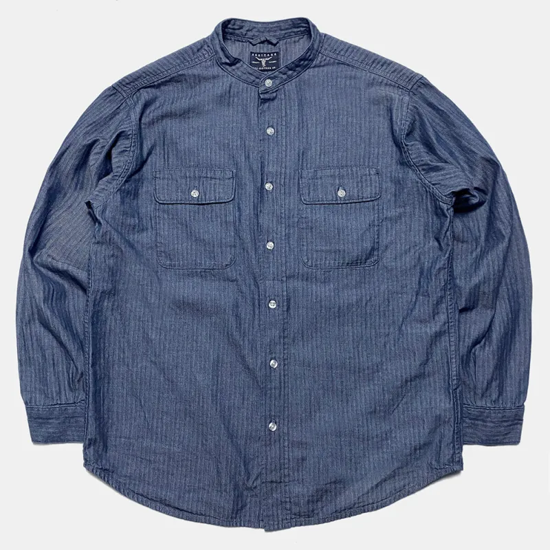 BZEN M.3340 WYATT-HBT RELAX FIT MANDARIN COLLAR DENIM SHIRT-6.5OZ-E0 INDIGO made by Bzen