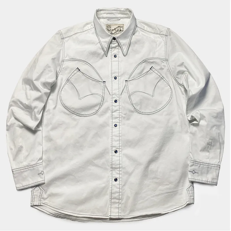 DDL 319R-DIABLO LUCKY-WB REGULAR FIT 2 HORSESHOE POCKET WHITE LEFT HAND TWILL WESTERN SHIRT WITH CONTRAST BLUE THREADS STITCHING-E0 WHITE sold by Bzen