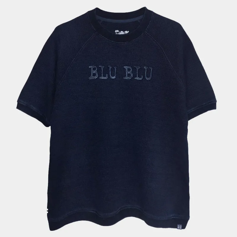 BZEN M.3067 THE LORD REGULAR FIT INDIGO WAFFLE KNIT RAGLAN TEE WITH 'BLU BLU' EMBROIDERY-250GSM-E0 INDIGO made by Bzen