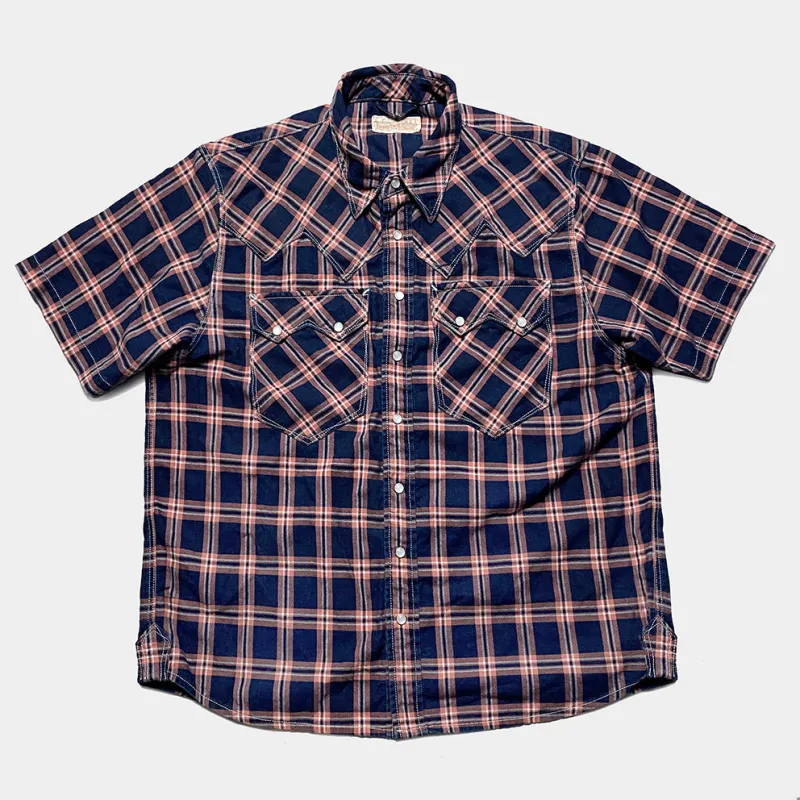 DDL 323RR-DEL TORO SWT-CRB REGULAR FIT 2 POCKET SAWTOOTH SHORT SLEEVE WESTERN INDIGO CHECK SHIRT-6.5OZ-E3 INDIGO sold by Bzen