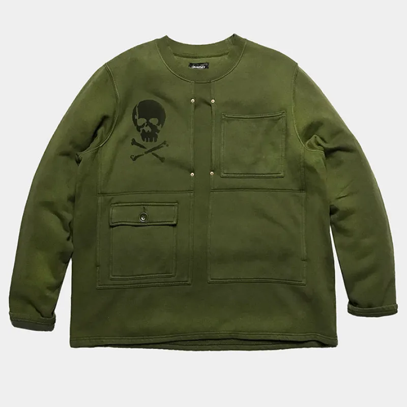BZEN UNARMY - M.3143-BEAU REGULAR FIT P-44 INSPIRED CREWNECK TOP- SKULL-E0 OLIVE GREEN sold by Bzen