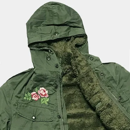BZEN J2-SAKURA USED BELIGIAN CADET JACKET WITH BUTTON OUT LINER UPCYCLED WITH FLOWERS FROM 1978-1986-OLIVE GREEN sold by Bzen product image thumbnail 4