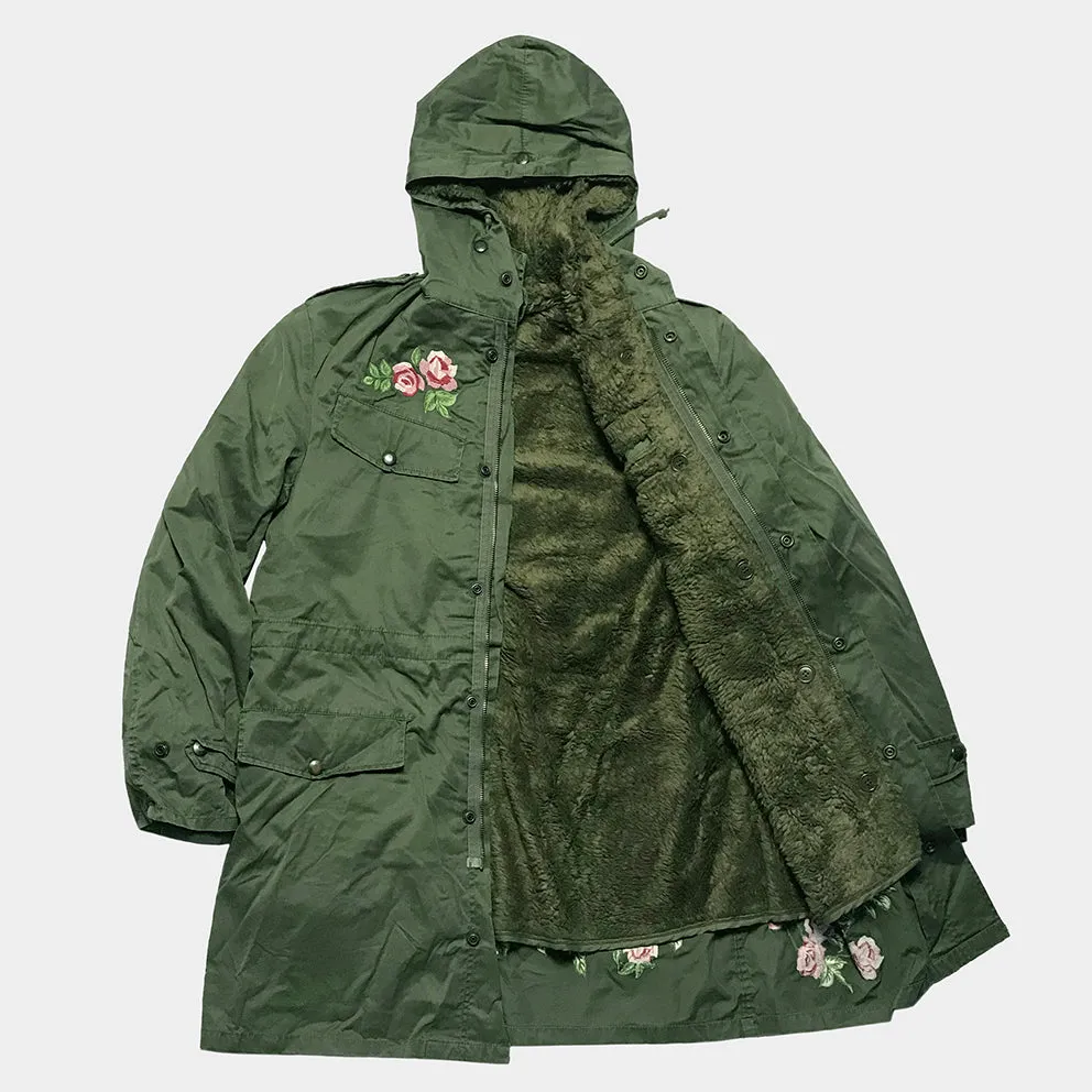 BZEN J2-SAKURA USED BELIGIAN CADET JACKET WITH BUTTON OUT LINER UPCYCLED WITH FLOWERS FROM 1978-1986-OLIVE GREEN sold by Bzen product image thumbnail 3