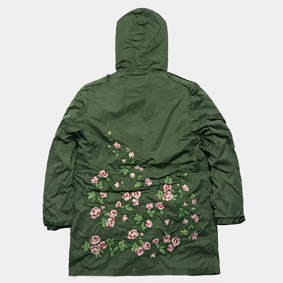 BZEN J2-SAKURA USED BELIGIAN CADET JACKET WITH BUTTON OUT LINER UPCYCLED WITH FLOWERS FROM 1978-1986-OLIVE GREEN sold by Bzen product image thumbnail 2
