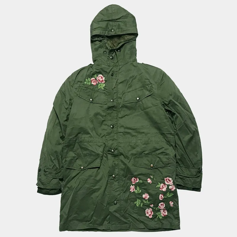 BZEN J2-SAKURA USED BELIGIAN CADET JACKET WITH BUTTON OUT LINER UPCYCLED WITH FLOWERS FROM 1978-1986-OLIVE GREEN sold by Bzen