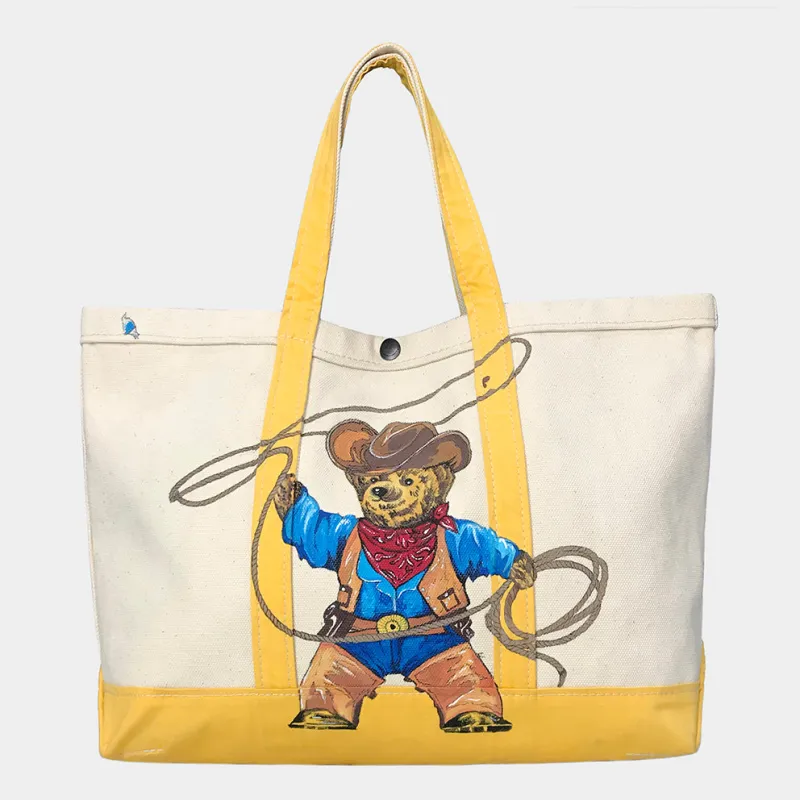 BZEN-TOTE23-13 COWBOY HANDPAINTED TEDDY CANVAS TOTE BAG-24OZ-COWBOY-NATURAL sold by Bzen