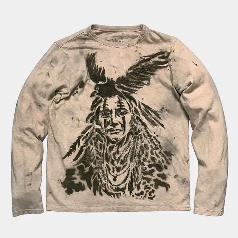 BZEN "THE FIRST AMERICANS" - M.3173-ARI REGULAR FIT LONG SLEEVE CREWNECK SLUB TEE-RAVEN-VEGGIE TAN sold by Bzen