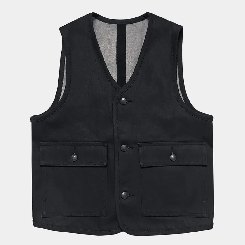 BZEN M.3034-THE GENT SLIM FIT 4 POCKET VEST-12oz- RAW BLACK ON BLUE sold by Bzen