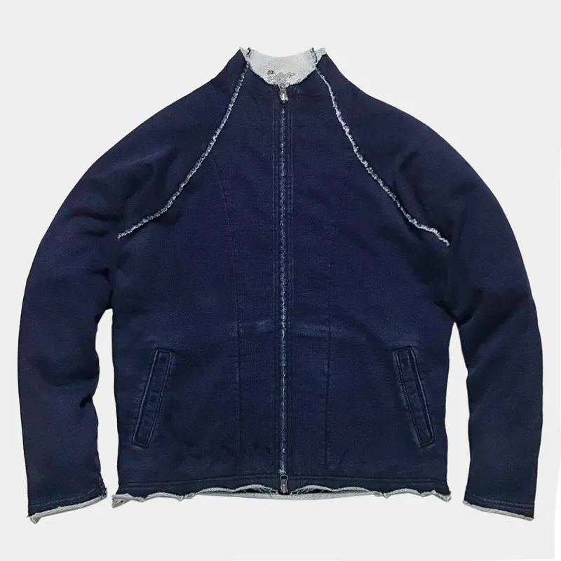 BZEN BLU BLU - M.3263 MIZU REGULAR FIT RAW EDGE ZIP UP KNIT TOP-450gsm- E1B INDIGO made by Bzen
