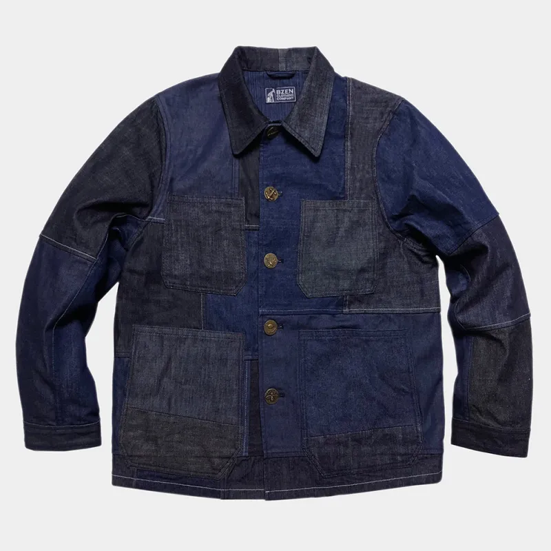 BZEN M.3201-PIERRE REGULAR FIT FRENCH WORKWEAR INSPIRED PATCHWORK JACKET- E0 RINSE INDIGO sold by Bzen