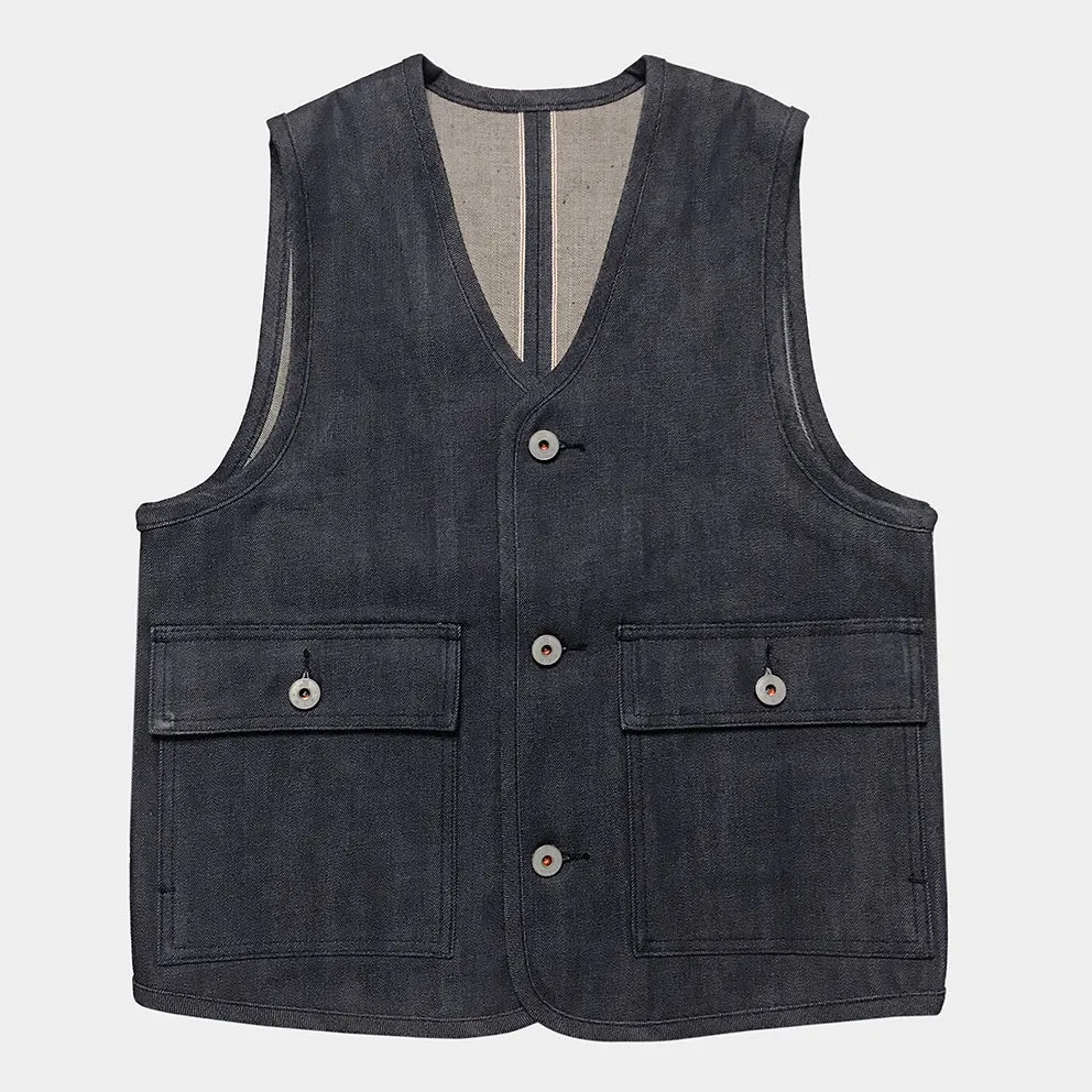 BZEN M.3034-THE GENT SLIM FIT 4 POCKET VEST-13.5oz-SELVEDGE-RAW INDIGO sold by Bzen