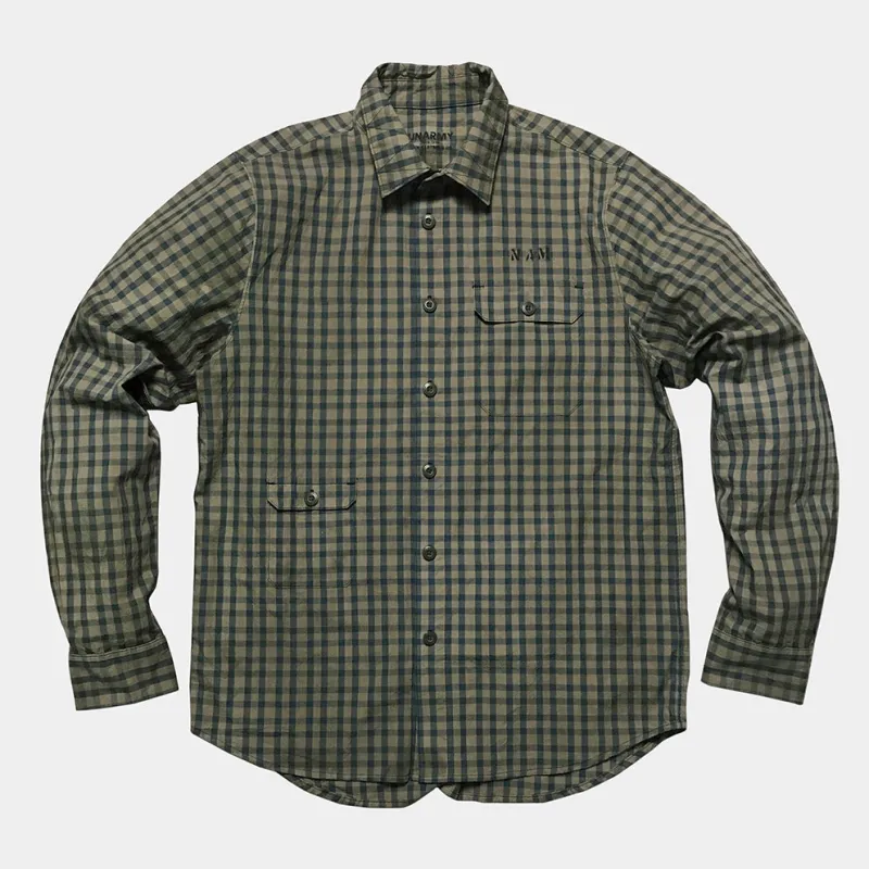 BZEN UNARMY - 2 POCKET BUTTON DOWN CHECK  LONG SLEEVE SHIRT  VEGGIE DYED- GREEN sold by Bzen