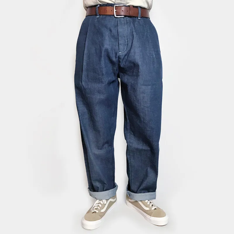 BZEN M.1229 L28-GATSBY  RELAX PLEATED TROUSER-13.5oz- RAW SELVEDGE- 70's BLUE sold by Bzen