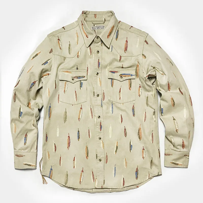 BZEN "THE FIRST AMERICANS" - M.3239-JESSE-FEATHERS REGULAR FIT WESTERN SHIRT- TAN made by Bzen