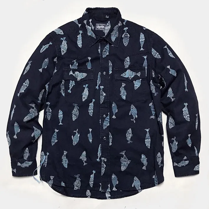 BZEN M.3239-JESSE-FISHES REGULAR FIT WESTERN SHIRT-5.25oz - DARK LAKE sold by Bzen