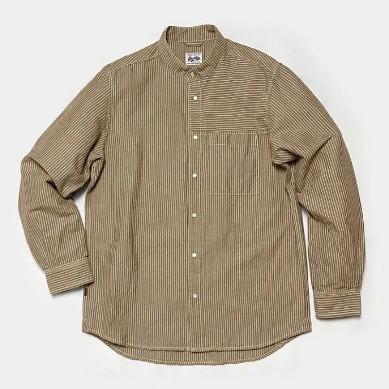 BZEN M.3239-WYATT REGULAR FIT MANDARIN COLLAR HICKORY SHIRT-BROWN made by Bzen