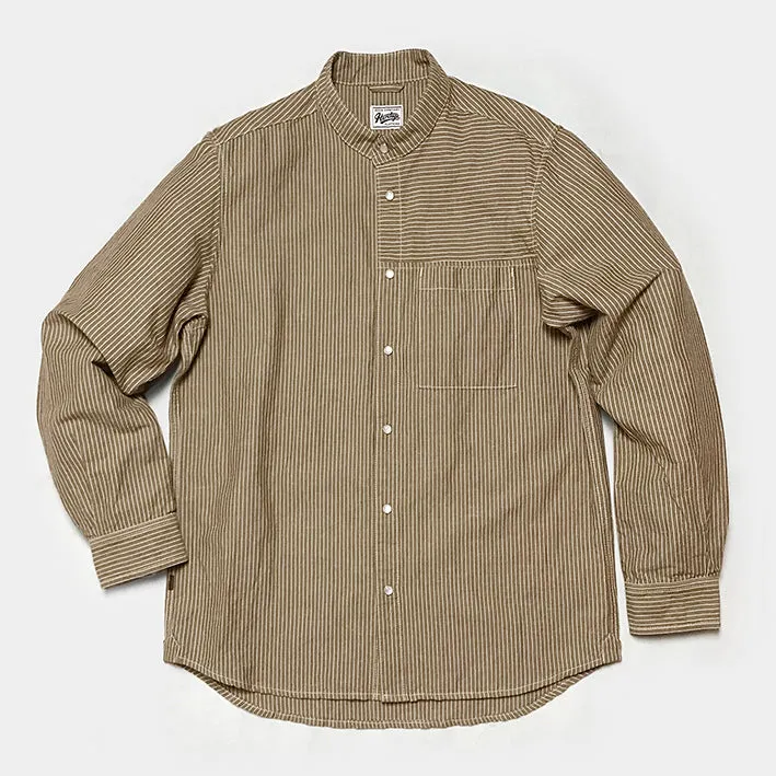 BZEN M.3239-WYATT REGULAR FIT MANDARIN COLLAR HICKORY SHIRT-BROWN sold by Bzen