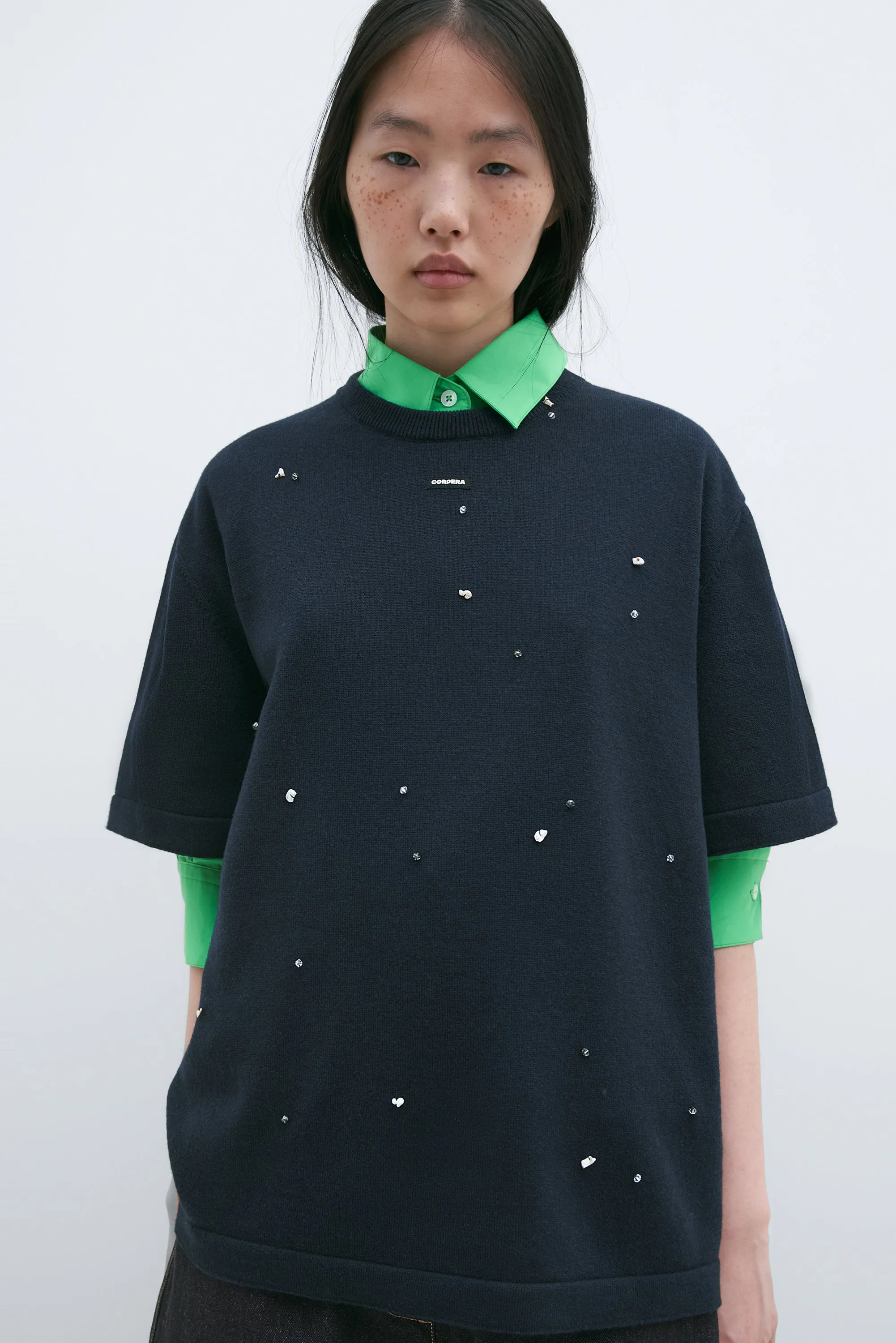 MERINO WOOL BEADED T-SHIRT NAVY sold by Cordera