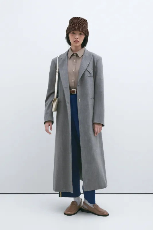 LONG WOOL COAT PINSTRIPE GREY sold by Cordera