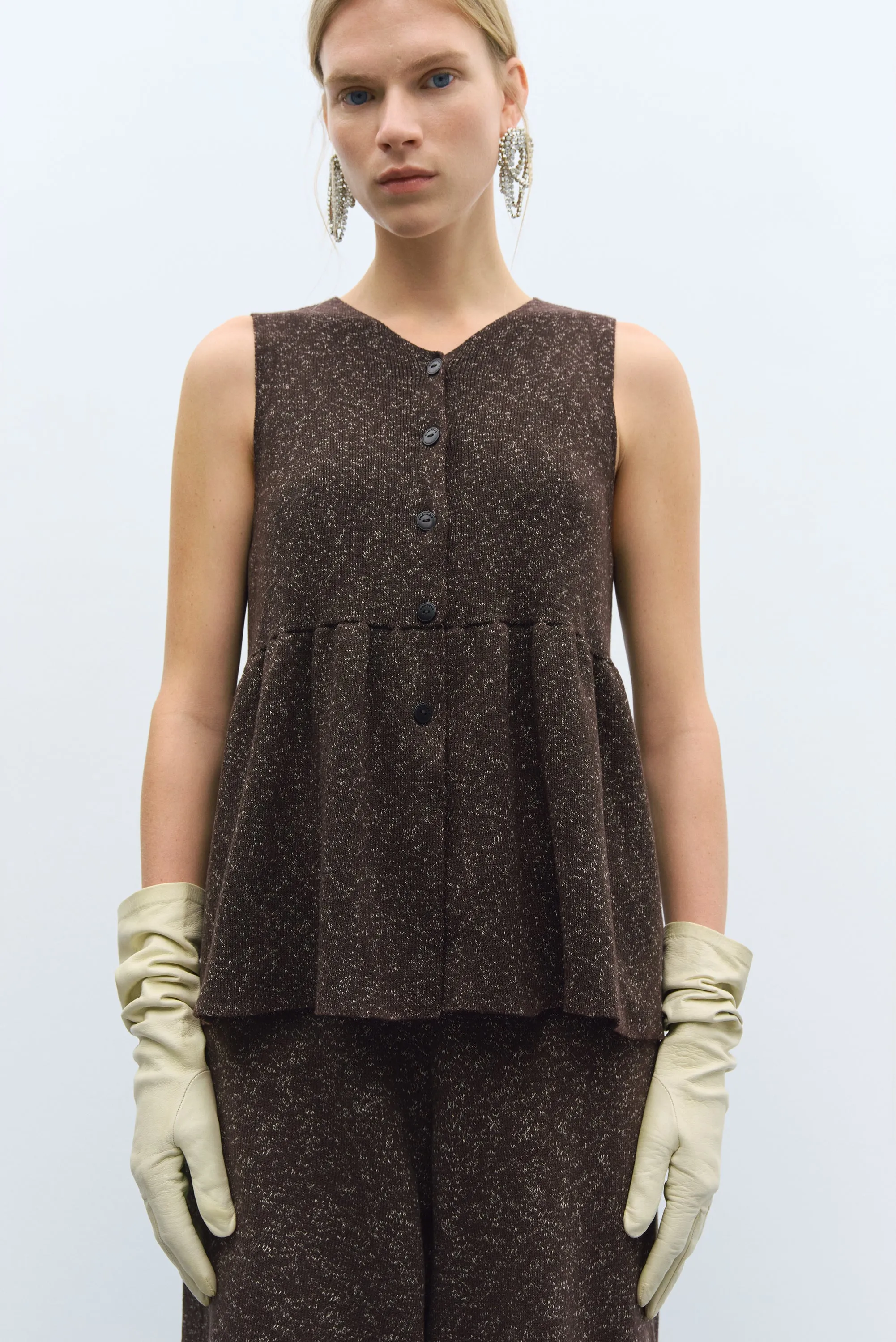 FLECKED COTTON PEPLUM TOP BROWN sold by Cordera