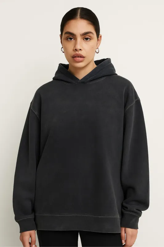 CORE: Enzyme Treated Box Hoodie in Black sold by Petals and Peacocks