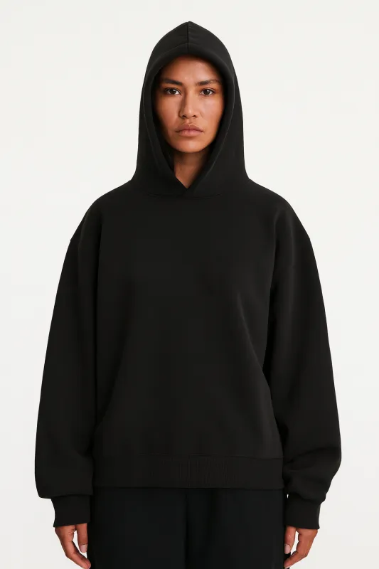 CORE: 420 GSM Box Hoodie in Black sold by Petals and Peacocks