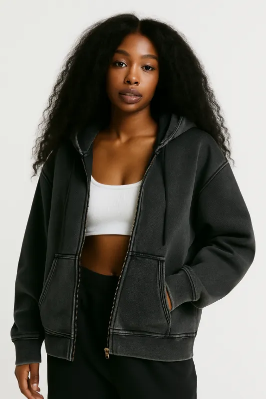 CORE: Enzyme Treated Zip Hoodie in Black sold by Petals and Peacocks