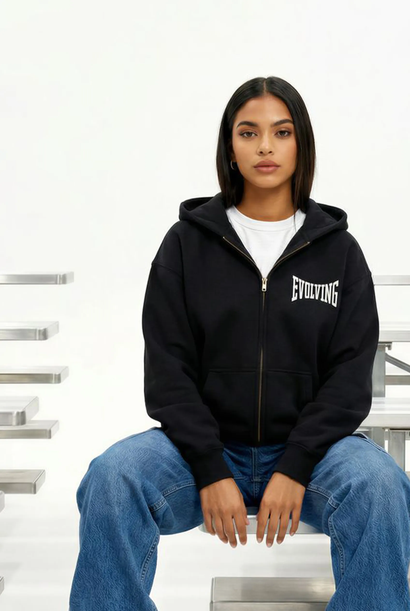 Evolving Boxy Zip Hoodie in Black sold by Petals and Peacocks product image thumbnail 2