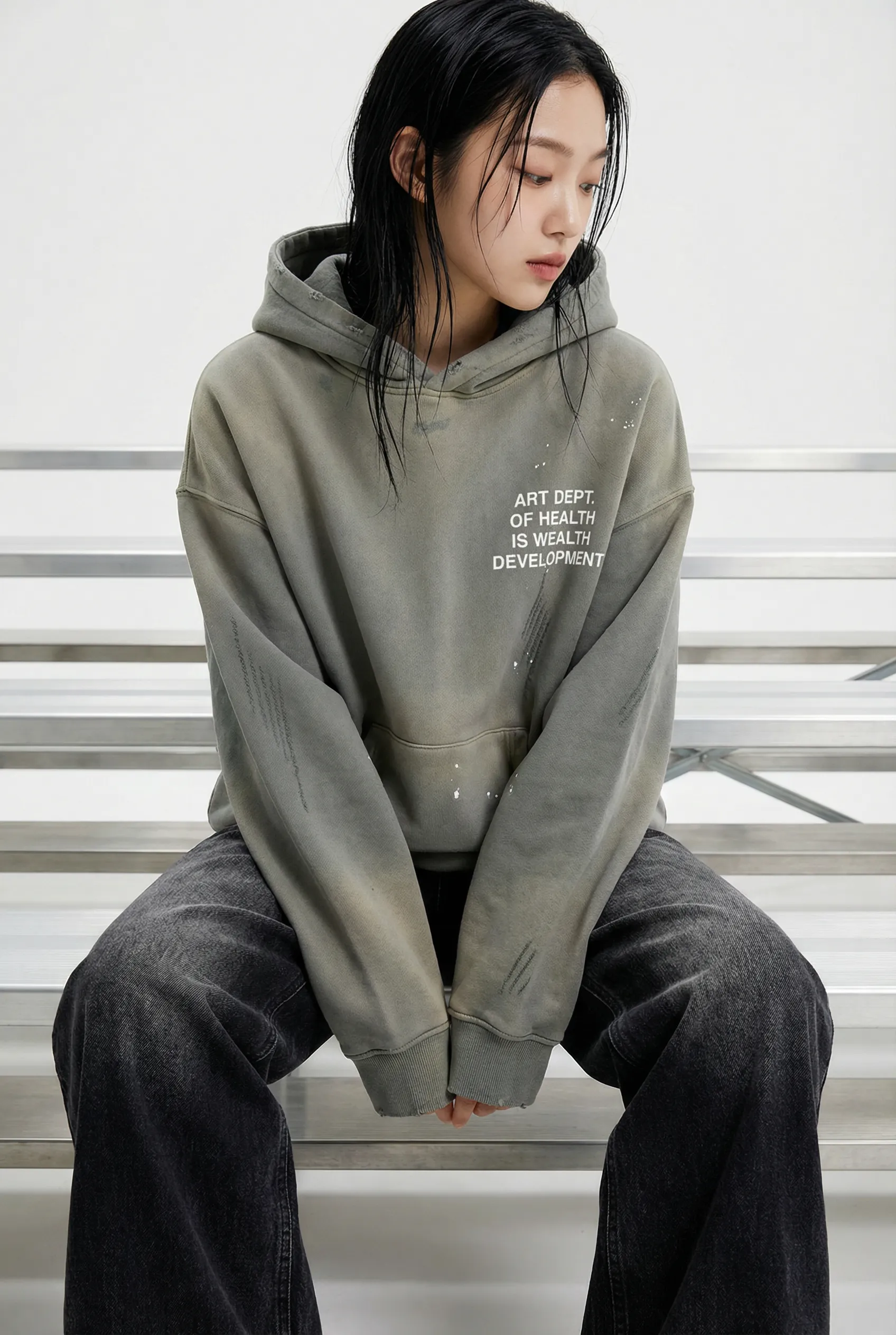 Health is Wealth Distressed Hoodie in Moon Grey sold by Petals and Peacocks product image thumbnail 2
